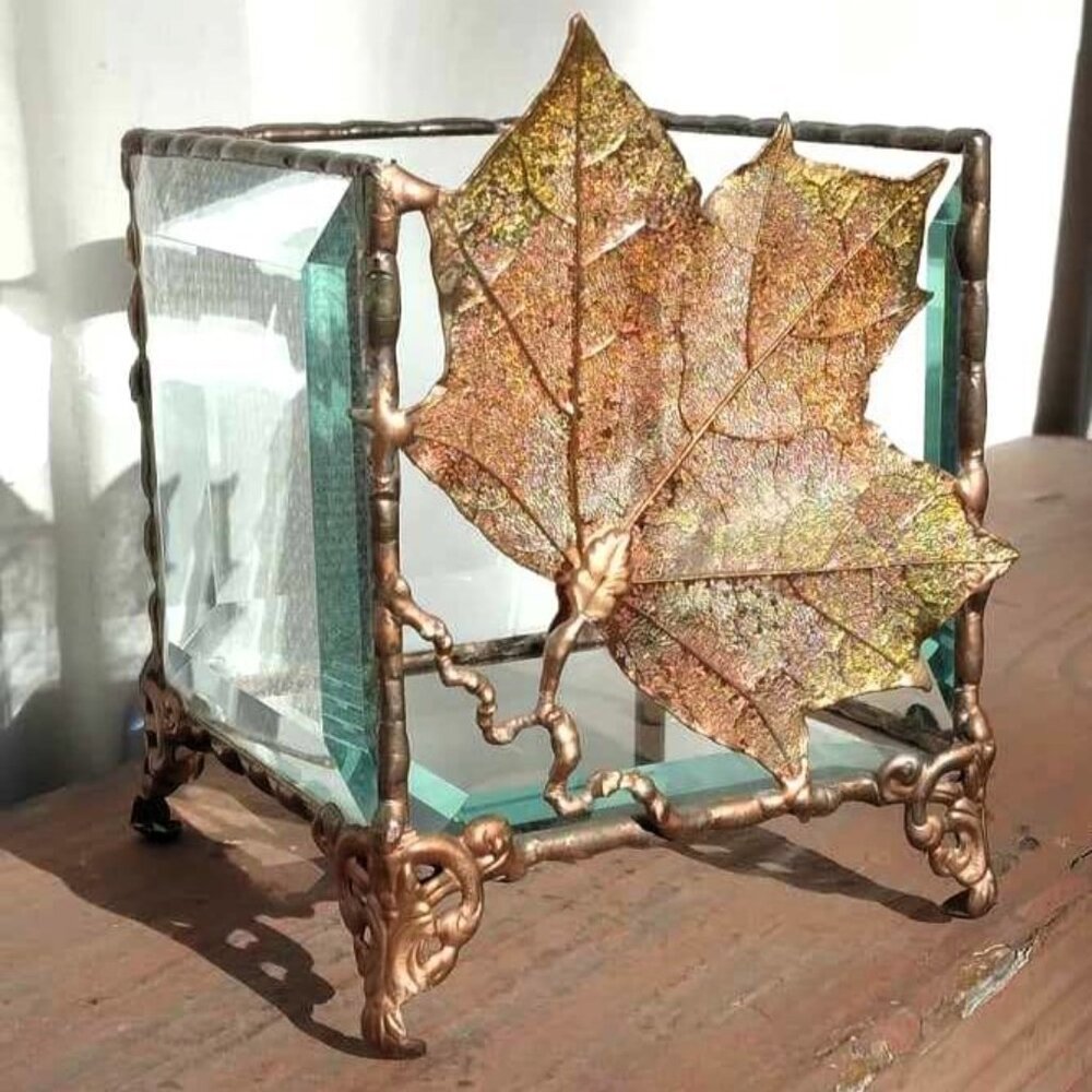 Dipped Electroplated Iridescent Copper Maple Leaf in a Beveled Glass Square